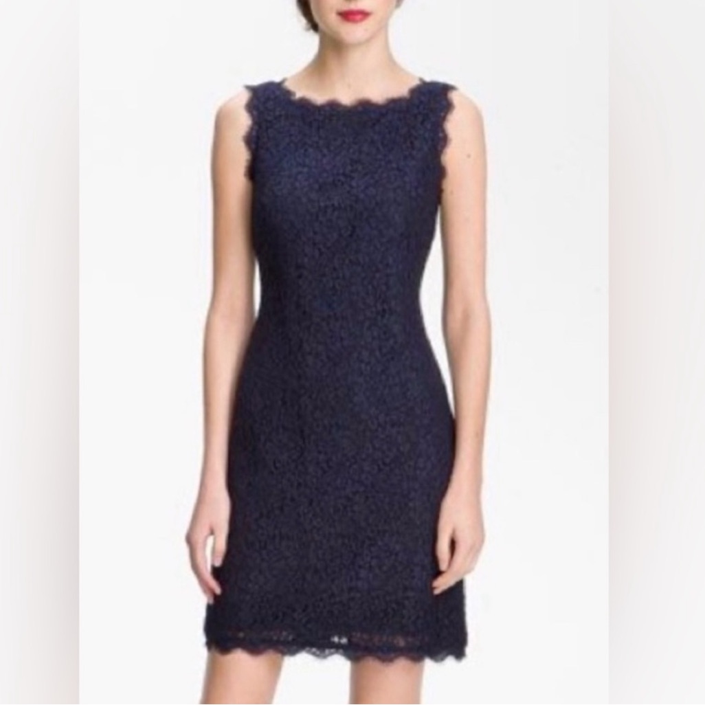 Adrianna Papell Sleeveless Scalloped Lace Sheath Mini Dress Navy Blue Size 6